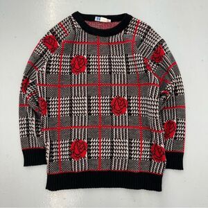 Vintage Plaid Houndstooth Rose Flower Acrylic Sweater